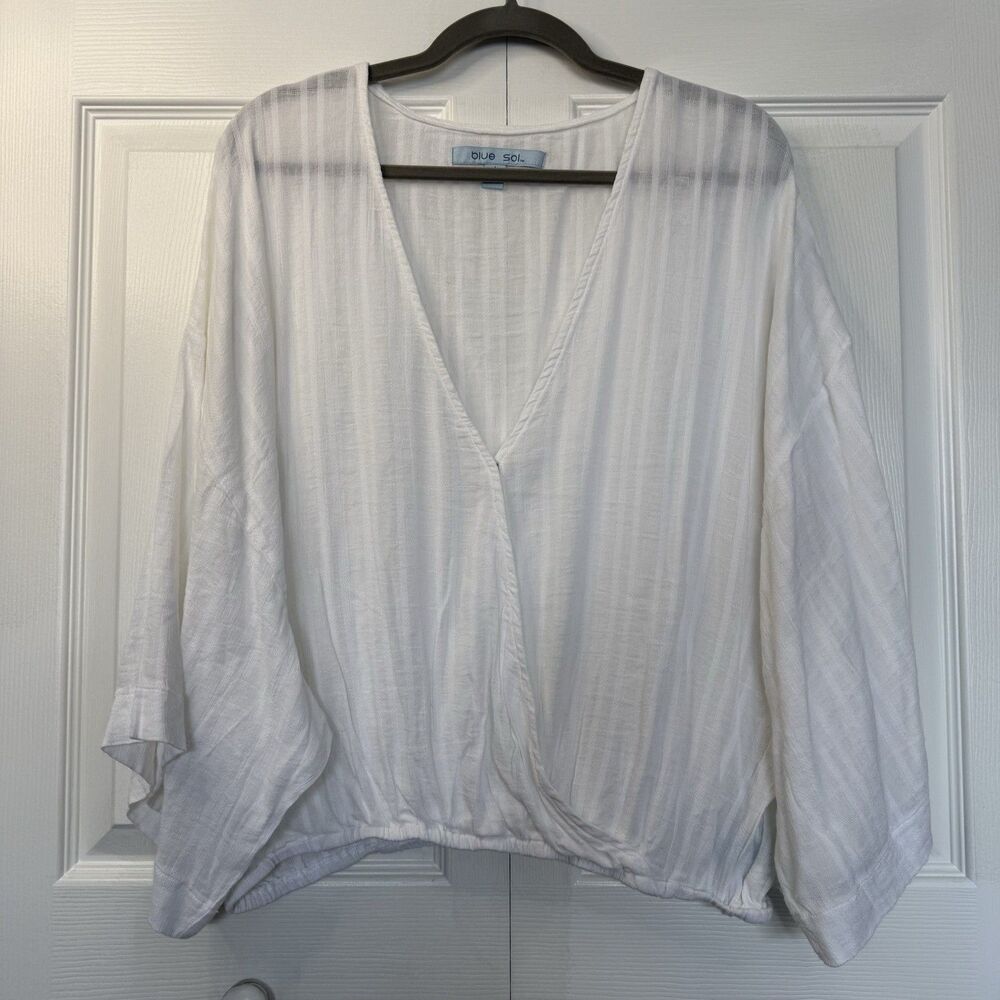 NWT Blue Sol White on White Striped Mock Wrap Blouse Women’s Size Large